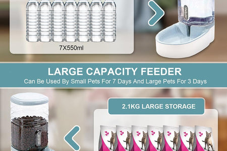 Automatic Dog Cat Feeder and Water Dispenser Set,Waterer and Gravity Food Feeder for Small & Medium Dogs Cats Puppies,Large Capacity 1 Gallon X 2 (Grey)
