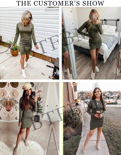 Load image into Gallery viewer, Women Fall Ruched Bodycon Long Sleeve Dress Wrap Front Elegant Casual Basic Fitted Short Dresses, M Wine Red
