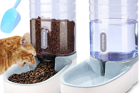 Automatic Dog Cat Feeder and Water Dispenser Set,Waterer and Gravity Food Feeder for Small & Medium Dogs Cats Puppies,Large Capacity 1 Gallon X 2 (Grey)